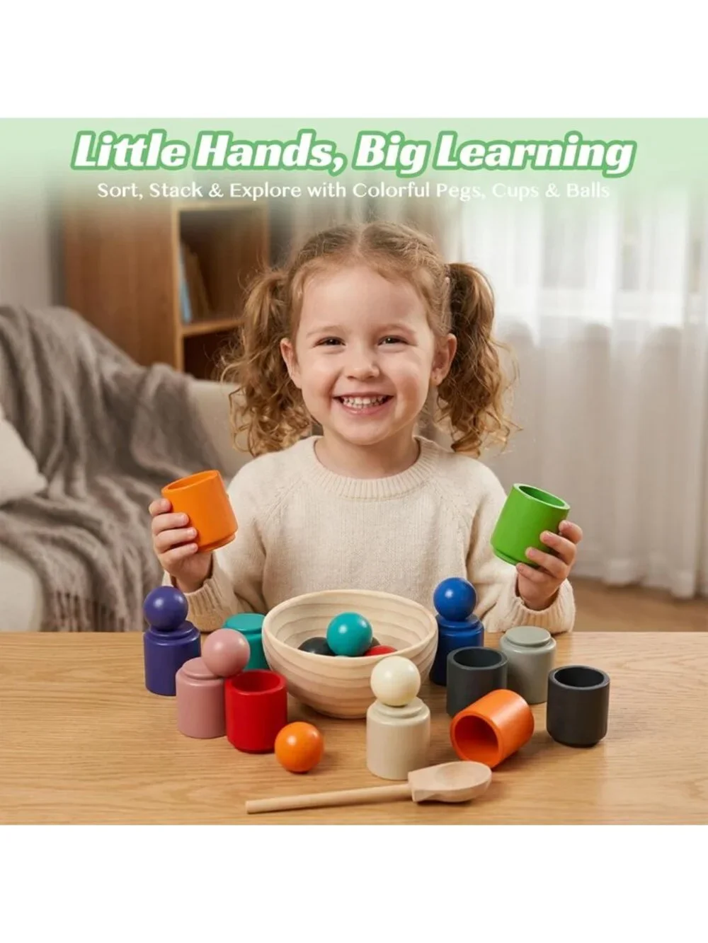Colorful Rainbow Balls in Cups | Montessori Toddler Learning Toy for 3+ Kids